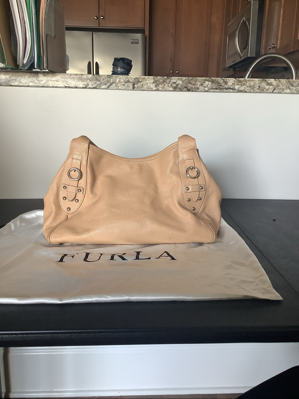 Furla Pebbled Leather Shoulder Bag in Beige
